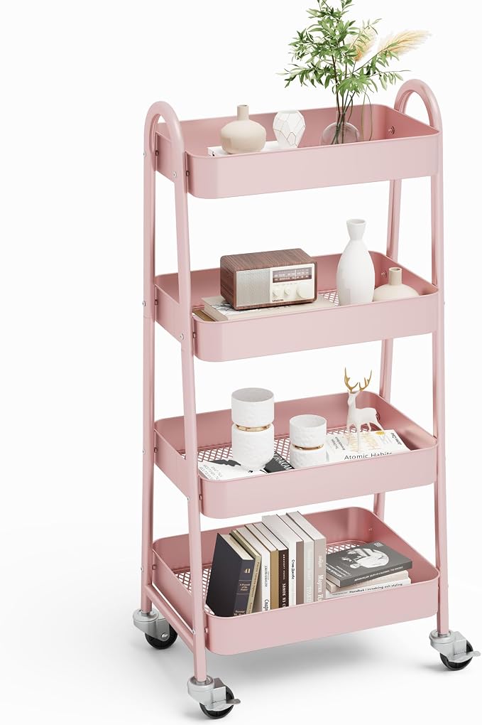 NEWBULIG 4-Tier Metal Rolling Storage Utility Cart with Lockable Wheels | Mobile Organizer Shelf, Space-Saving, Freestanding, Bathroom, Living Room, Slim, Narrow Corner Spaces, Pink by NEWBULIG