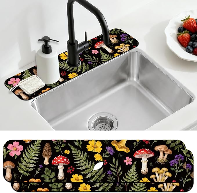 2 Pcs Kitchen Sink Splash Guard Faucet Mat Colorful Mushrooms and Flowers Pattern Faucet Mat for Sinks Leaves Absorbing Drying Mat for Kitchen Bathroom, 23.6x5.5inch by CONCHLERY%E6%97%97%E8%88%B0%E5%BA%97