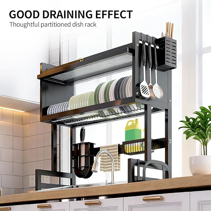 Verida Over the Sink Dish Drying Rack 3 Tier, Over Sink Dish Drain Drying Rack for Kitchen Storage of Dishes and Cutlery, Space Saving Dish Rack with Cover, Black - Image 5