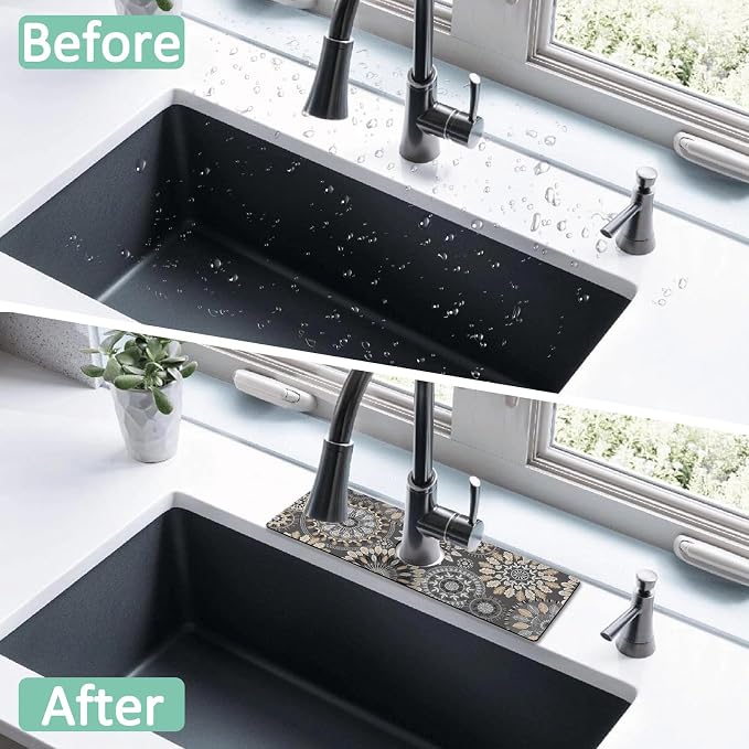 2 Pack Kitchen Sink Splash Guard Faucet Mat 24" X 5.5" Mandala Absorbent Fast Drying Mat Faucet Draining Mat Sink Splash Guard Behind Faucet Drip Catcher for Kitchen Bathroom - Image 2