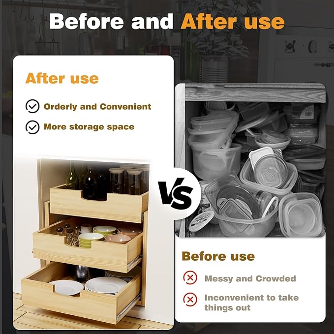 Pull Out Cabinet Organizer, 14''W×21''D Sliding Drawers for Cabinets, 3 Tier Soft Close Slide Out Wooden Pull out Drawers, Base Cabinet Organization for Kitchen, Pantry, Bathroom. - Image 6