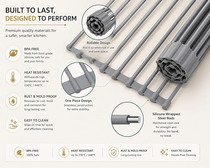 Roll Up Dish Drying Rack for Kitchen Sink, Silicone Wrapped Dish Drainer,Flodable Over Sink Drying Rack,Heat Resistant, Drain Mats, Space Saving, Multipurpose (Gray, Small) - Image 2