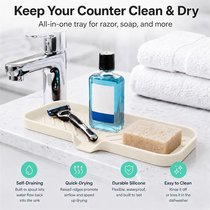 MicoYang Silicone Soap Dish with Drain Spout — Self-Draining Double Sink Organizer Tray for Kitchen & Bathroom, Dispensers, Sponges & Soap Holder, Non-Slip & Dishwasher Safe, Tapioca (Large, 12"×4") - Image 7