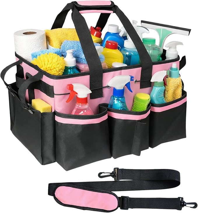BLIRITEL Large Cleaning Caddy Bag with Handle, Cleaning Caddy Organizer with Shoulder Strap, Multi-Compartment Cleaning Supply Tote for Cleaners & Housekeepers (Pink) by BLIRITEL