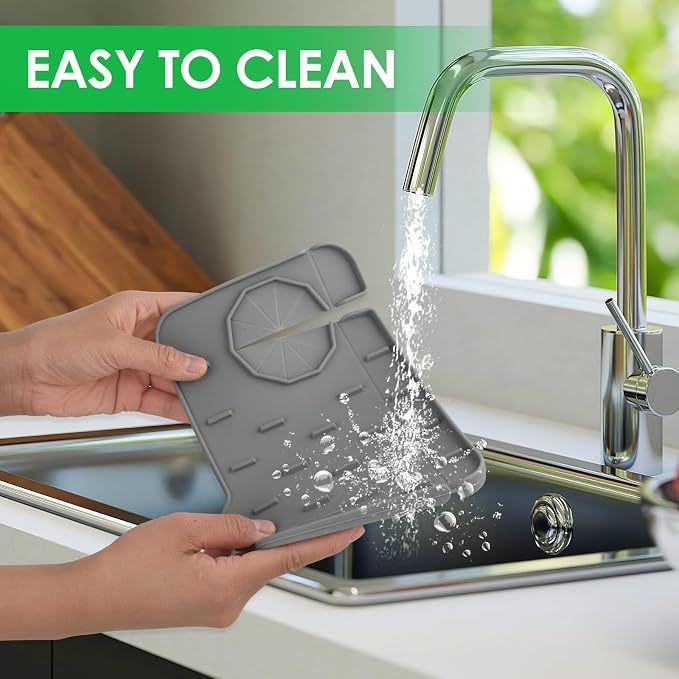 2Pcs Silicone Sink Faucet Splash Guard Mat Sponge Holder 8.3 x 5.3 Inch | Soap Dish Pad Faucet Handle Drip Catch, Sink Protector Tray, with Outlet & Slope, for Bathroom Kitchen Countertop, RV Gadget - Image 4
