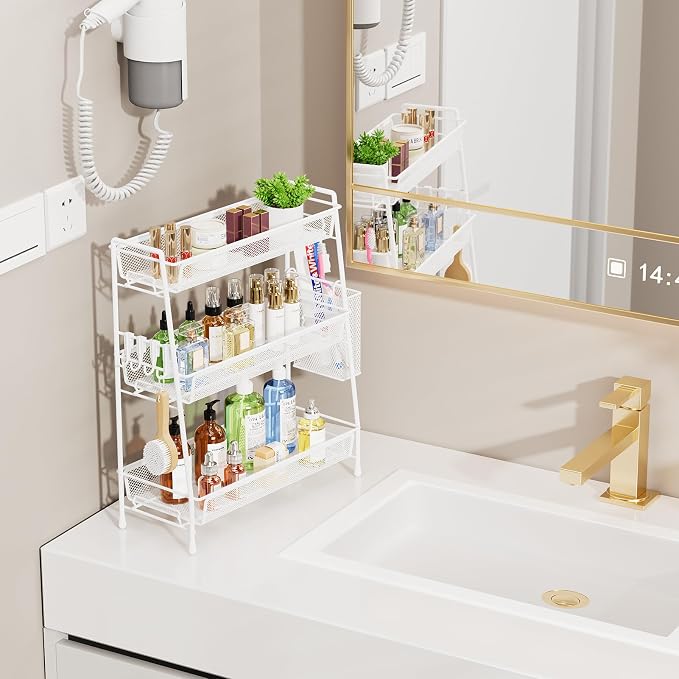VITVITI 3 Tier Bathroom Organizer Countertop, Counter Storage Shelf, White | Metal Wire Mesh Bathroom Counter Organizer with Basket Hooks, Vanity Tray, Kitchen Spice Rack - Image 3