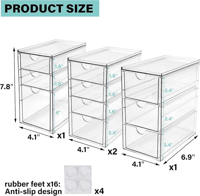 Prsildan Acrylic Desk Organizers with 14 Drawers, Stackable Makeup Storage | Anti-slip Clear Storage Bins, Vanity Organizer for Craft Bead Crayon Nail, Bathroom Kitchen Office Organization, 4 Pack - Image 3
