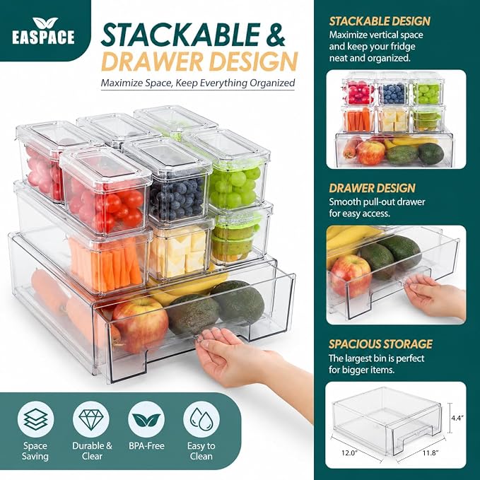 Fridge Organizer Bins with Drawer, 10-Pack Clear Stackable Container Set, BPA-Free Plastic Refrigerator Storage Containers for Food, Fruits, Vegetables, Meats, Salads (Multi-Purpose) - Image 3