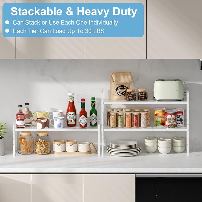 15.5 to 25.5 Inch Kitchen Cabinet Shelf Organizers，Kitchen Shelf Organizer | Adjustable Counter Organizer, Set of 4 Expandable Countertop Storage Shelves, Stackable Design, 30LBS Heavy Duty, Space Saver - Image 5
