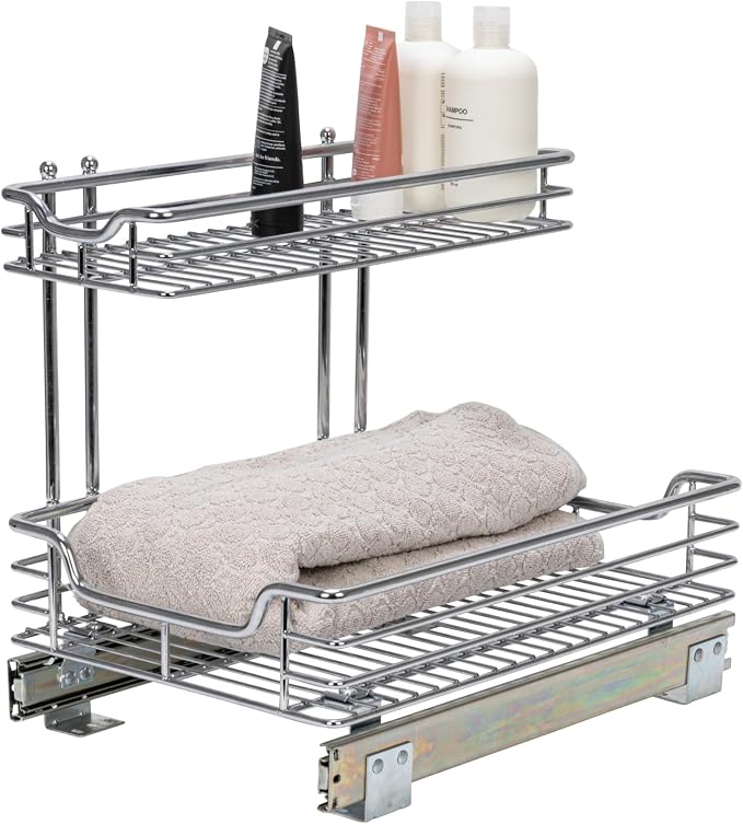 Household Essentials Glidez 2‑Tier Multipurpose Chrome‑Plated Steel Pull‑Out/Slide‑Out Under Sink Organizer, Chrome Finish by HouseholdEssentials