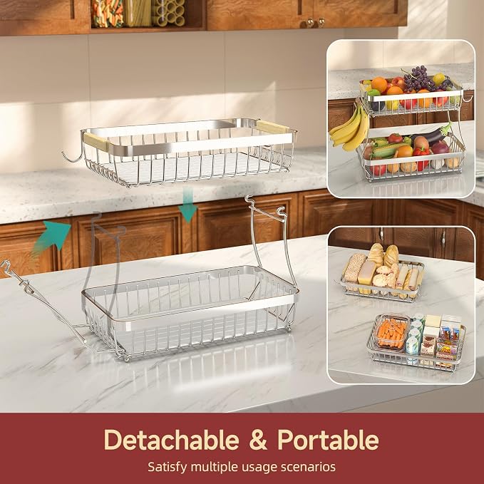 2-Tier Fruit Basket with Banana Hangers, Detachable Metal Bowl | Wooden handle, protective mats included. Versatile holder for bread, snacks, and veggies. Extra Large 2 tier metal design. - Image 3