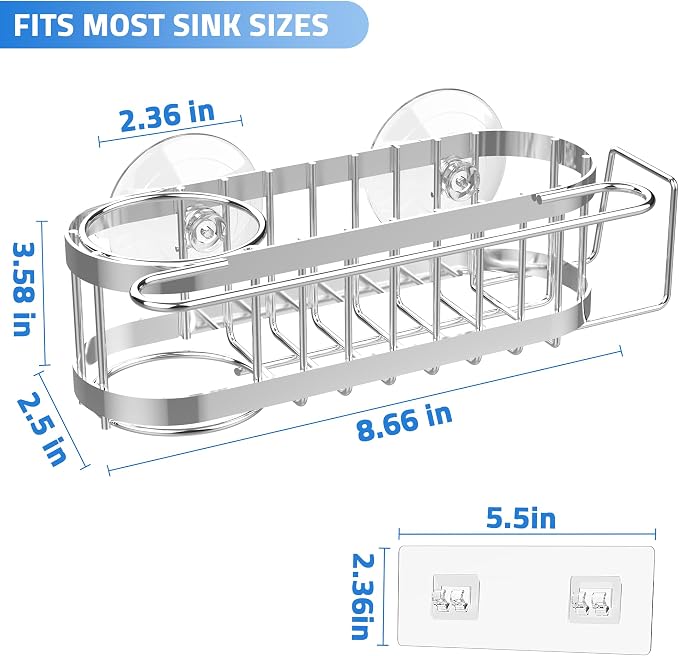 Cisily Kitchen Sink Caddy Sponge Holder in The Sink, Stainless Steel Kitchen Sink Organizer, Brush Holder, Dish Cloth Hanger, Sink Stopper Holder (Suction cup-Silver) - Image 5