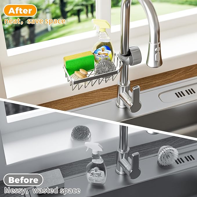 LONIN Sponge Holder Over Faucet Kitchen Sink Caddy Organizer, Stainless Steel Detachable Hanging Faucet Drain Rack for Bathroom, Scrubbers, Soap, (Black) - Image 5