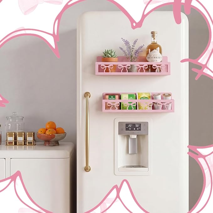 Beeveer 2 Pcs Magnetic Spice Rack for Refrigerator, Pink Bow | Magnetic, No Drilling, Pink Bow Kitchen Decor, Pink Home Accessories, 2 Sizes Metal Storage Shelf for Fridge Spices - Image 5