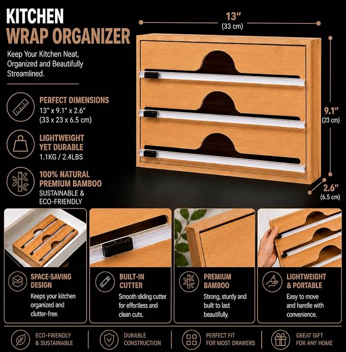 3-in-1 Bamboo Kitchen Wrap Organizer | Wall, Drawer & Counter | Serrated Cutter | Fits Any 12" Roll | Avero Brands - Image 3