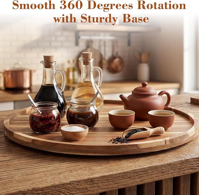 24'' Wood Lazy Susan for Countertop Acacia Large Turntable Rotating Serving Tray for Table Top Non Skid Kitchen Tray Revolving Condiment Spice Rack Table Organization Storage, Natural - Image 5