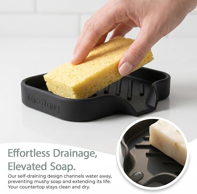 MicoYang Silicone Soap Dish with Drain Spout, Self-Draining Sink Organizer Tray for Bathroom and Kitchen, Sponges, Dispensers and Soap Holder, Non-Slip and Dishwasher Safe, Black (Compact, 4.9"×3.2") - Image 7