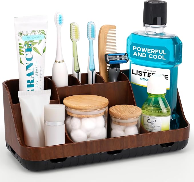 GFWARE Wood Toothbrush Holders for Bathroom Organizer with Drain Holes | Detachable 7 Slots Kid Electric Toothbrush and Toothpaste Holder, Bathroom Sink, Caddy, Tray, Vanity Storage Wood-Look, Brown by GFWARE