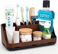 GFWARE Wood Toothbrush Holders for Bathroom Organizer with Drain Holes | Detachable 7 Slots Kid Electric Toothbrush and Toothpaste Holder, Bathroom Sink, Caddy, Tray, Vanity Storage Wood-Look, Brown by GFWARE