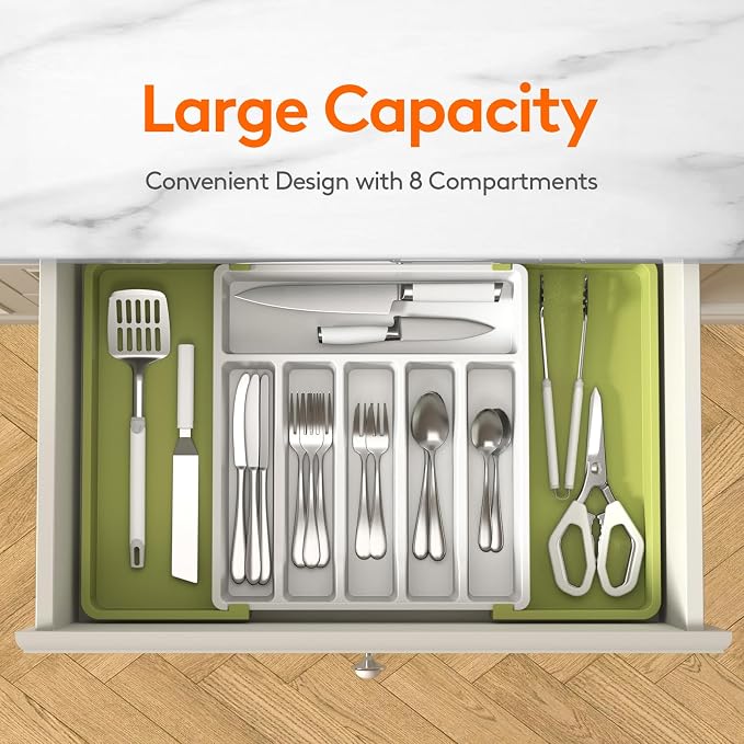 Lifewit Extra Large Silverware Drawer Organizer, Expandable Utensil Tray | BPA Free Flatware Cutlery Holder for Kitchen, Adjustable Plastic Storage for Spoons Forks Knives, 13-22 x15, Green&White - Image 2