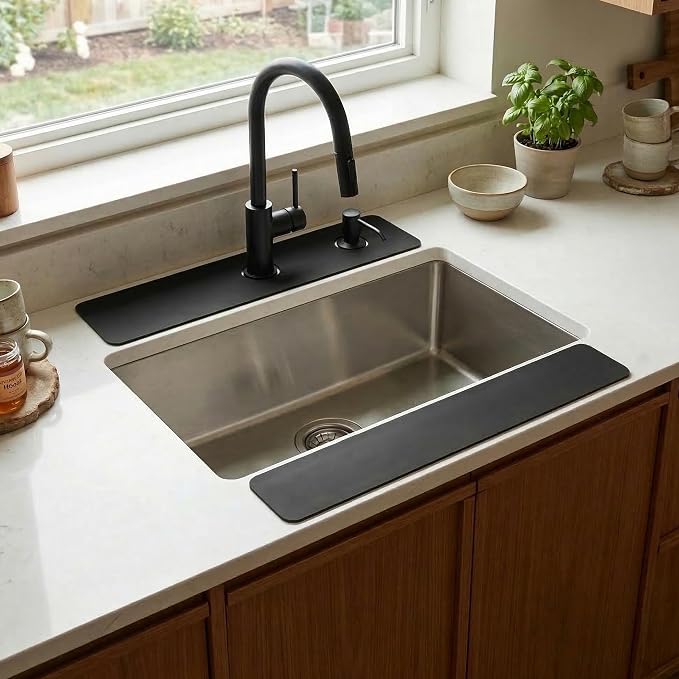 Customizable Kitchen Sink Faucet Mat: 30" Lx5.5 W Absorbent Splash Guard | 2PCS Non-slip Fabric Rubber Mat, Cut to Fit Oval Rectangle Square Faucet & 2,3,4 Holes Irregular Sink with Soap Dispenser by EazziSwitch