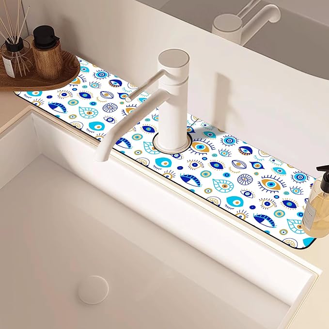 Faucet Mat for Kitchen Sink Doodle Drawing Evil Eyes Sink Splash Guard Behind Faucet Soft Diatom Mud Material Non-slip Easy to Clean for Bathroom & Kitchen 24"X5.5" - Image 5