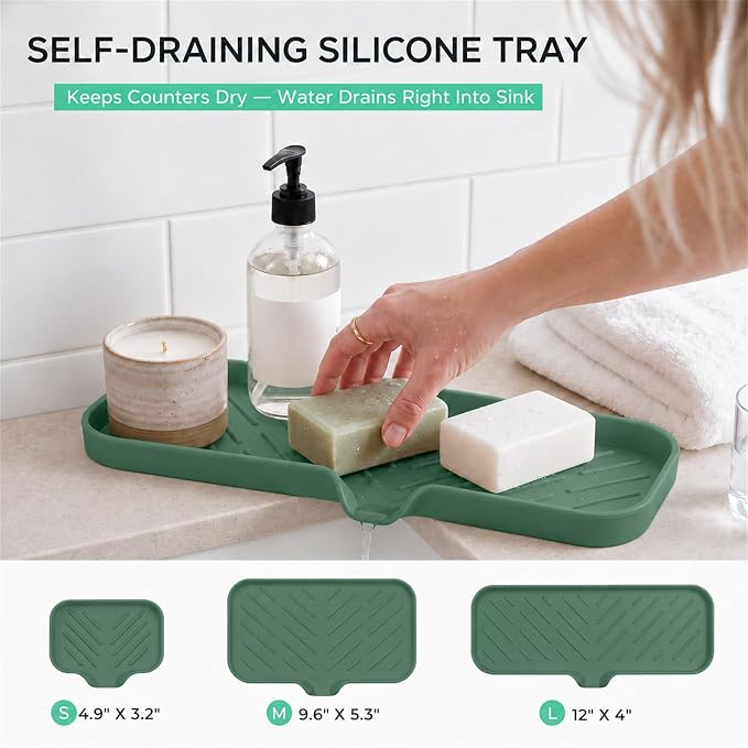 MicoYang Silicone Soap Dish with Drain Spout — Self-Draining Double Sink Organizer Tray for Kitchen & Bathroom, Dispensers, Sponges & Soap Holder, Non-Slip & Dishwasher Safe, Green (Large, 12"×4") - Image 8