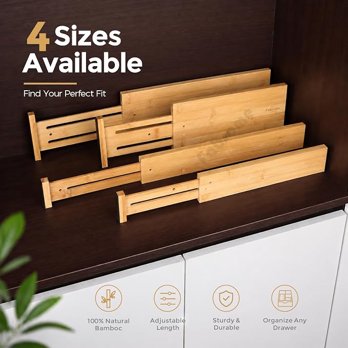 Fabsome Dresser Drawer Organizers 6 Pack, 4.65'' High Adjustable from 17-22‘’ Bamboo Drawer Dividers for Clothing Baby Clothes, Wooden Separators for Dresser Nursery Organization with Soft Foam Ends - Image 7