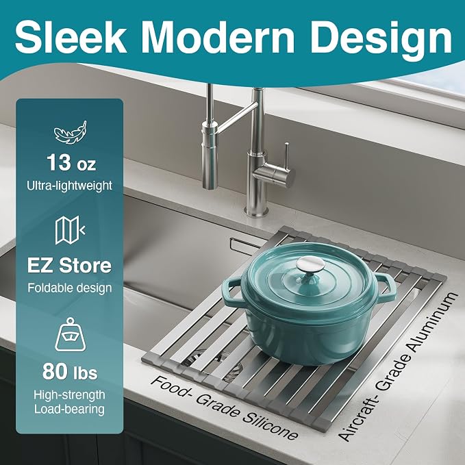 COOL-ANGLE Aluminum Roll Up Dish Drying Rack, 17.7x13.4 Inches, Matte Gray | Rust proof aviation aluminum, Heat resistant trivet up to 400F, Fits sinks up to 16.8 inches, Foldable for compact RV storage - Image 3