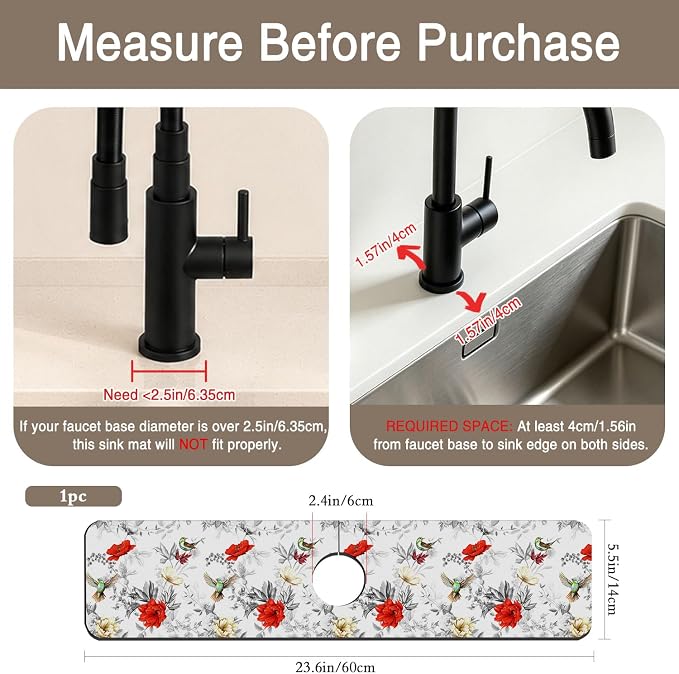 Faucet Mat for Kitchen Sink Poppy Flowers Watercolor Sink Splash Guard Behind Faucet Soft Diatom Mud Material Non-slip Easy to Clean for Bathroom & Kitchen 24"X5.5" - Image 2