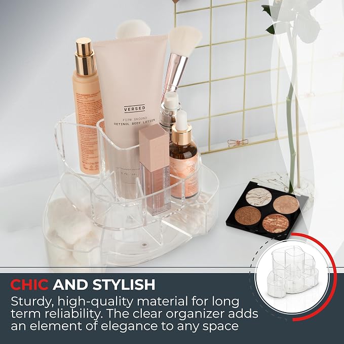 Masirs Small 360 Rotating Makeup Organizer, 5 Compartments, Square Clear | Small 360 Rotating Makeup Organizer, 5 Compartments, Acrylic Mini Lazy Susan, Vanity Bathroom Counter, Square Clear - Image 4