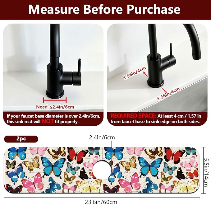 2 Pcs Kitchen Sink Splash Guard Faucet Mat Butterfly Pattern Faucet Mat for Sinks Absorbing Drying Mats for Kitchen Bathroom, 23.6x5.5inch - Image 2