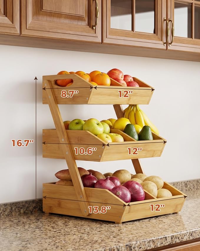 3-Tier Bamboo Fruit Basket with 2 Banana Holders | Large tiered organizer for bread, snacks, veggies. Sturdy bamboo, includes mats & dividers. Easy to assemble. - Image 8