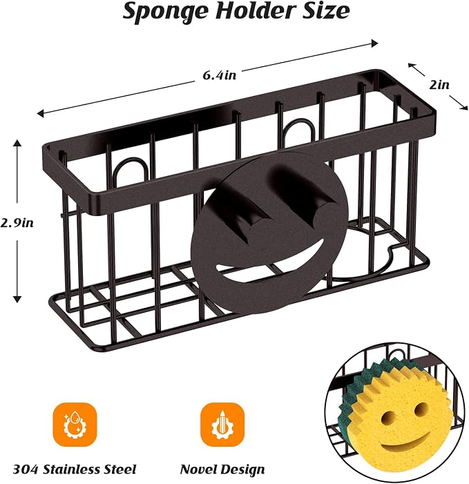MURLONG Sponge Holder Smiley Face, Sink Caddy for Kitchen Sink, Sink Organizer Sponge Holder with 2 PCS Suction Cups/1 PCS Adhesive Strips, Designed for Sponge, Soap, Dish Brush, Scrubber-Bronze - Image 2