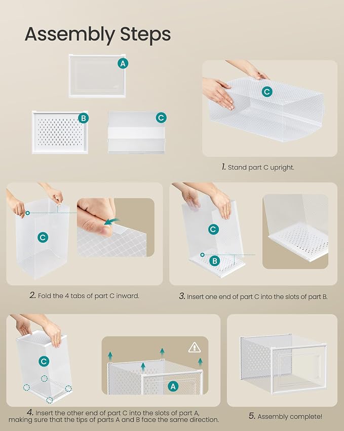 SONGMICS Shoe Boxes, Pack of 12 Shoe Storage Organizers, Stackable Clear Plastic Boxes for Closet, Sneakers, 13.1 x 9.9 x 7.4 Inches, Transparent and White ULSP12MWT - Image 7