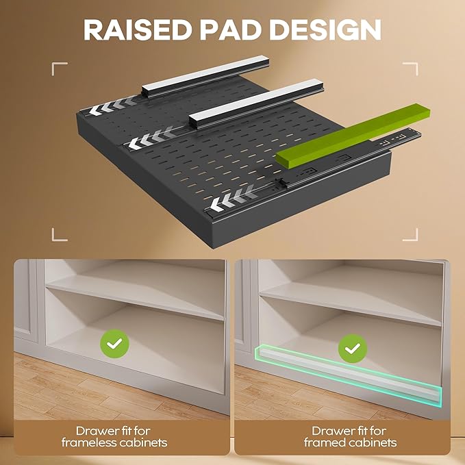 Seinloes 2 Pack Pull out Cabinet Organizer 21" Deep With Raising Pad for Framed Cabinets,Expandable (15.2"-26.3"W) Slide out Drawers for Kitchen Cabinets with 4pcs Divider Racks,Roll out Shelves,Black - Image 3