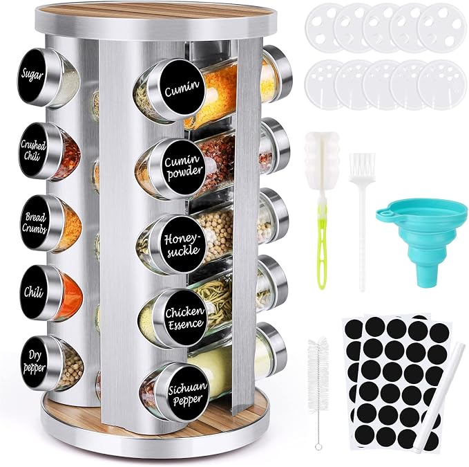 CANTAMI Spice Rack Organizer with Jars for Cabinet(20Pcs), Revolving | Stainless Steel/Wooden Countertop Rack Tower Organizer for Kitchen Pantry with Reusable Labels/Funnel/Brushes by CANTAMI