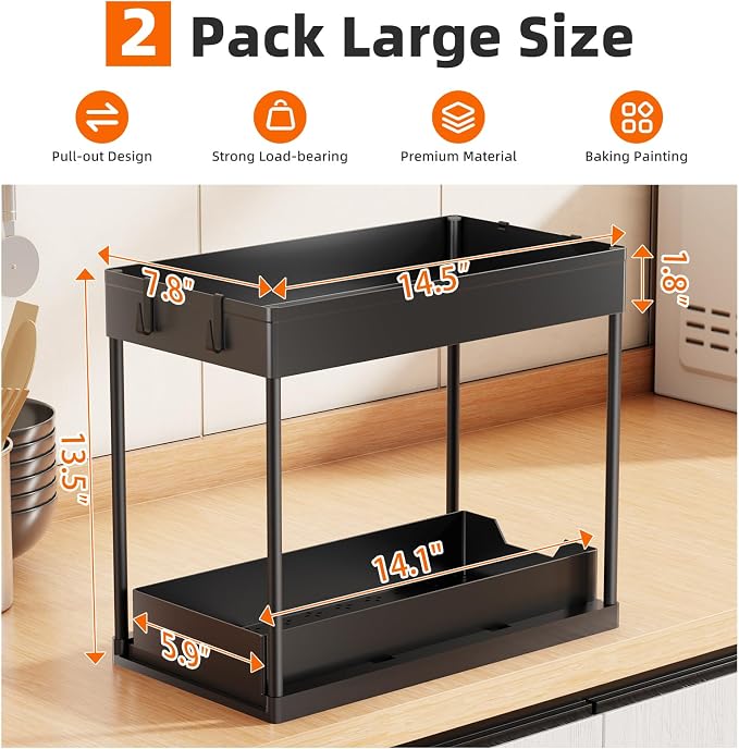 Simple Trending Under Sink Organizer 2 Pack, Sink Pull-Out Sliding Storage Cabinet, 2-Tier Under Shelf Organizer for Kitchen Bathroom, Black - Image 2