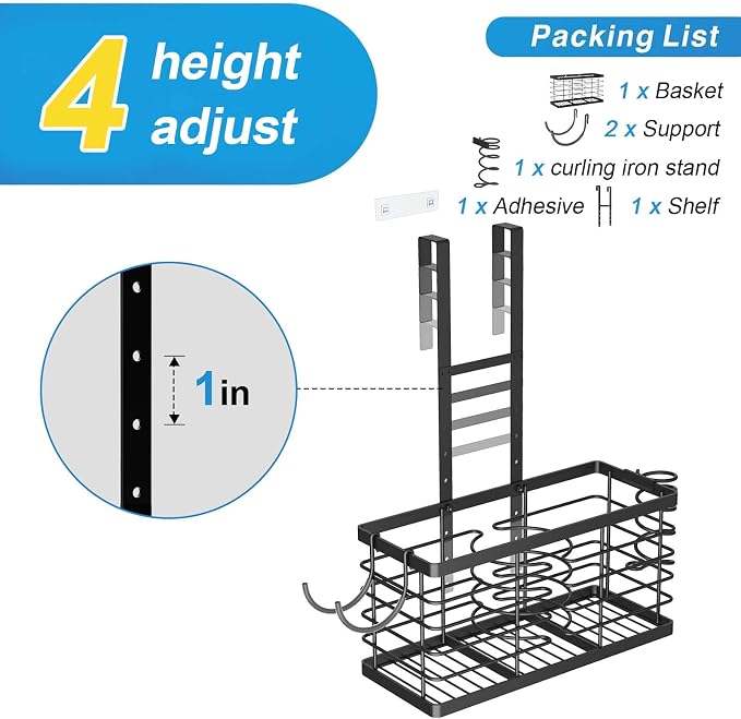 2026 Upgraded 3-in-1 Universal Hair Tool Organizer, XL Size, Black | Adjustable Height Metal Hair Dryer Holder, Wall Mounted, Over Cabinet Door, Countertop, Bathroom Storage - Image 8