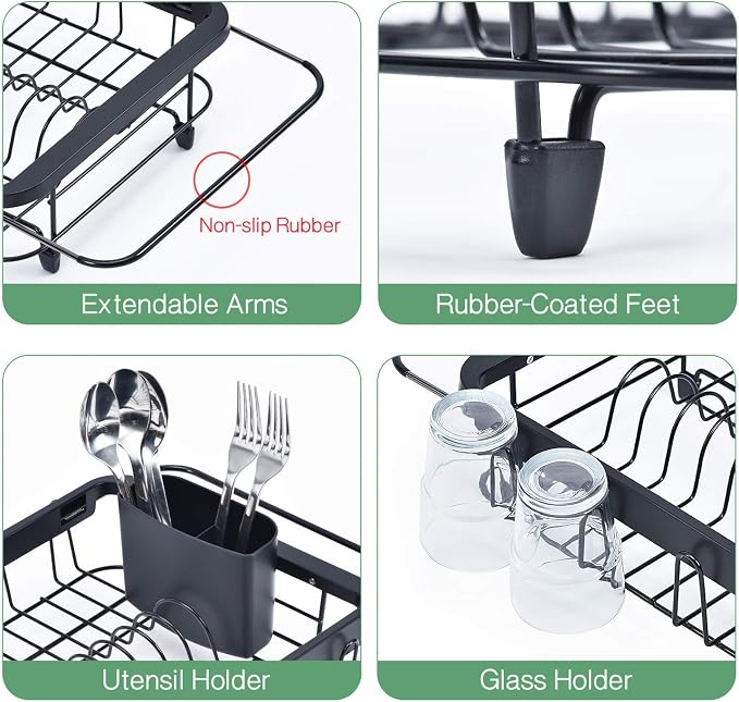 TOOLF Dish Drying Rack in Sink, Dish Drainer with Cup and Utensil Holder | Over The Sink Expandable Stainless Steel Strainer Dryer Rack for Small Kitchen, Counter Space Saving, Fast Drain, Rustproof - Image 4