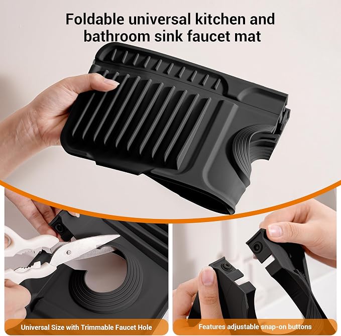 ZJWZLG Faucet Mat for Kitchen Sink, 17.7"X5.5" Silicone Sink Splash Guard , Snap-On Design & 7°slope Fast Drain, Folding Sink Faucet Mat for Universal Kitchen Bathroom Sink(Black) - Image 6