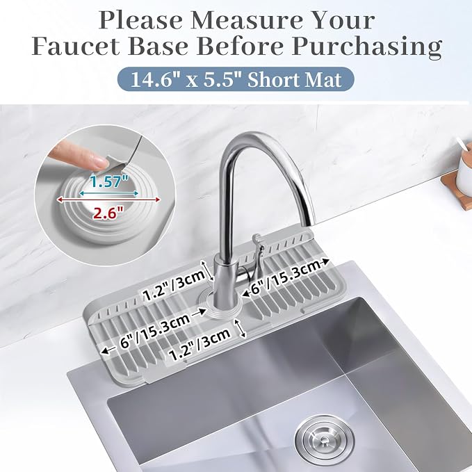 PoYang 14.6 Inch Faucet Mat for Kitchen Sink Splash Guard, Light Grey | Sink Protectors with 7° Slope for Smooth Drainage, Snap Button Holds It in Place, 90° Foldable & Cuttable Hole Fit Most Sinks - Image 3
