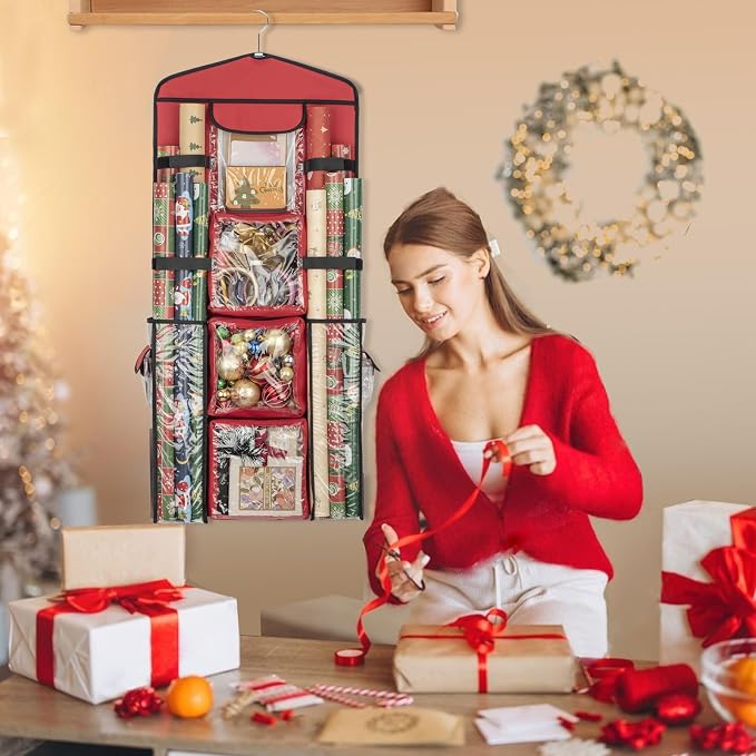 Christmas Wrapping Paper Organizer Storage, Hanging Gift Bag Storage Organizer, Double-Sided Wrapping Paper Holder Storage - Red - Image 8
