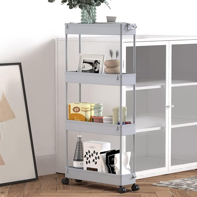 Slim Storage Cart 4 Tier,Bathroom Organizer Rolling Utility,Mobile Shelving Unit Slide Out for Office, Kitchen, Laundry Room & Narrow Places,Gray - Image 6