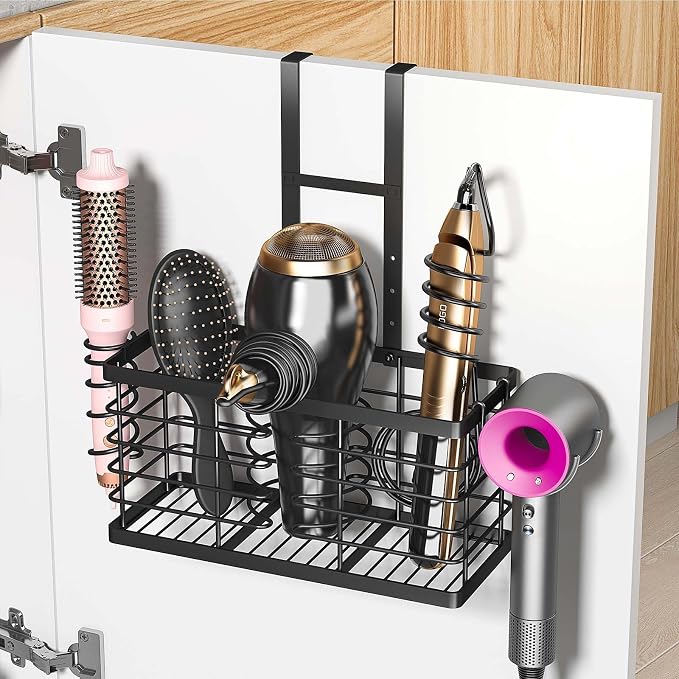 2026 Upgraded 3-in-1 Universal Hair Tool Organizer, XL Size, Black | Adjustable Height Metal Hair Dryer Holder, Wall Mounted, Over Cabinet Door, Countertop, Bathroom Storage by Sevenblue
