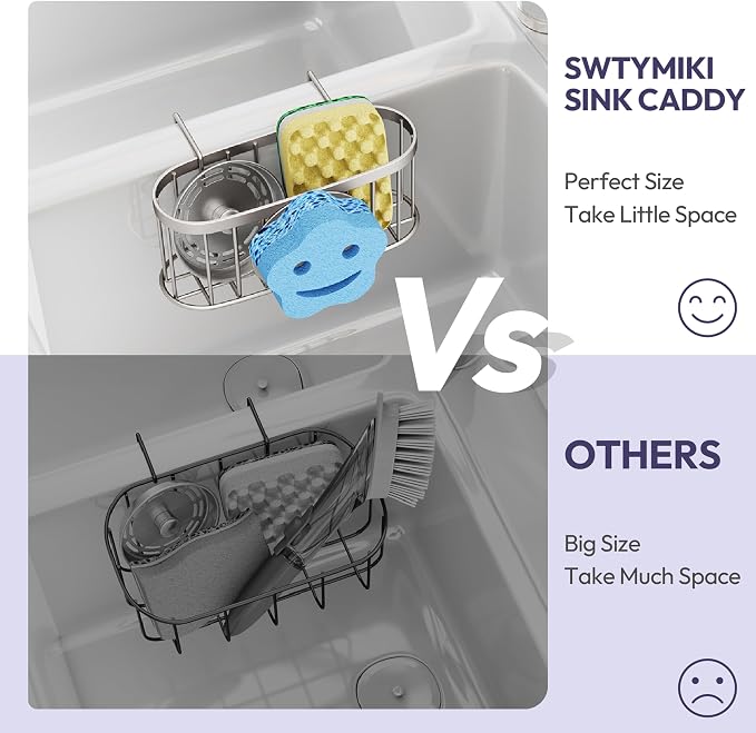 SWTYMIKI Sponge Holder for Kitchen Sink - Movable Sink Caddy with Smiley Face Sponge Holder, Rustproof Hanging Sponge Organizer in Double Bowl Sinks Depth>3.15in, Middle Divider<1.5in, Sand Nickel - Image 4