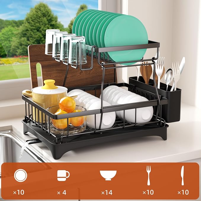 2-Tier Dish Drying Rack - Dish Rack with Auto Drain-to-Sink & Mat | Dish Racks for Kitchen Counter, Dish Drainer with Knife Fork & Cup Rack, Gifts for Women, Mothers Day, Kitchen Gadgets, Black - Image 2