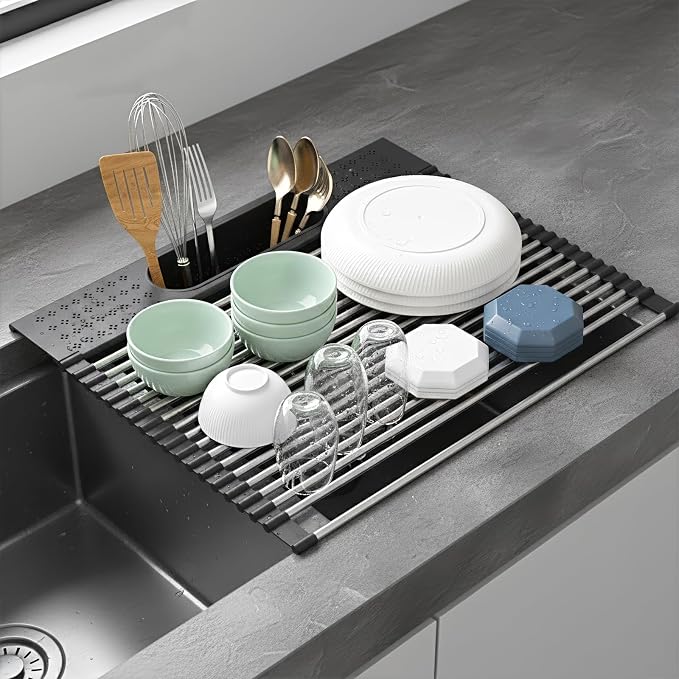 Roll Up Dish Drying Rack Over Sink, 17.5" x 15.2" Foldable SUS304 Stainless Steel Kitchen Dish Drainer, Heat-Resistant Multipurpose Rolling Sink Rack Organizer,Black - Image 4