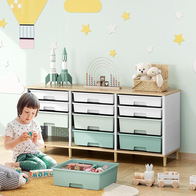TOOLF 12 Drawers Storage Cabinet with Wooden Top and Plastic Bins,Green | Toy Shelf Storage Chest Cubby Organizer, for Home, Office, Playroom, Classroom & Craft Room - Image 7