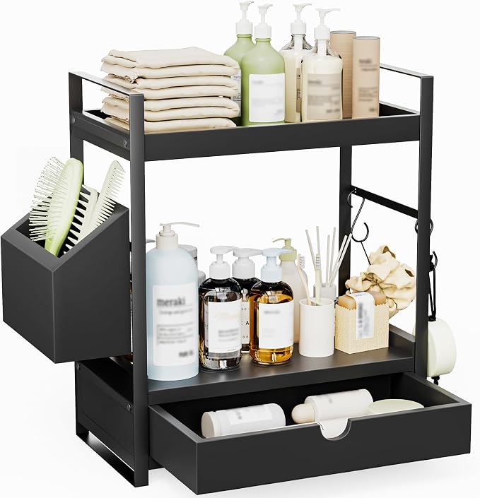 2-Tier Bathroom Counter Organizer, Wooden Vanity Shelf with Drawer & Basket | Pre-Drilled Holes, Skincare & Makeup Countertop Organizer and storage, Black by Unknown